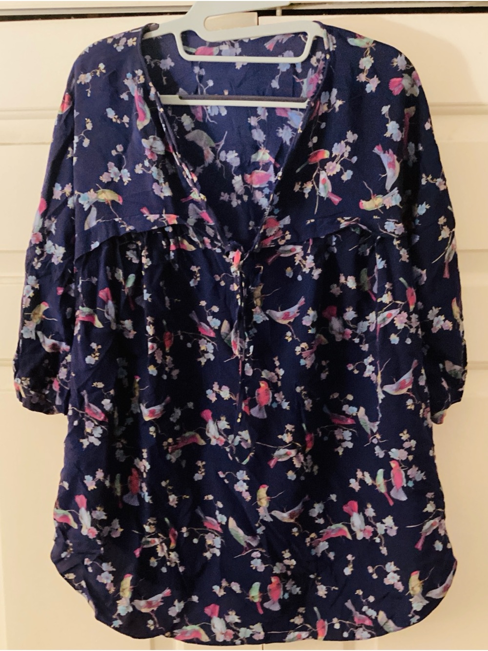 Rebecca Taylor Navy Bird & Floral Print Silk Blouse Size 6